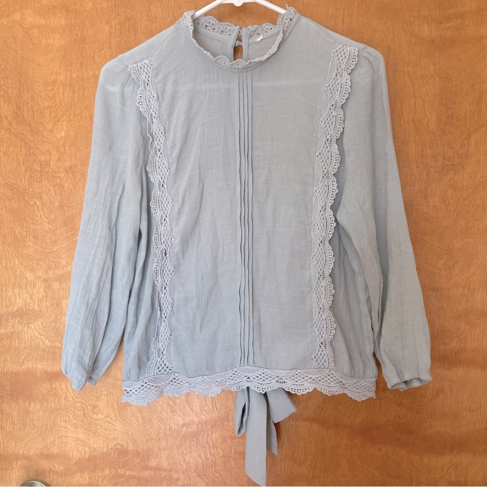 Elegant Lace Trim Light Blue Blouse